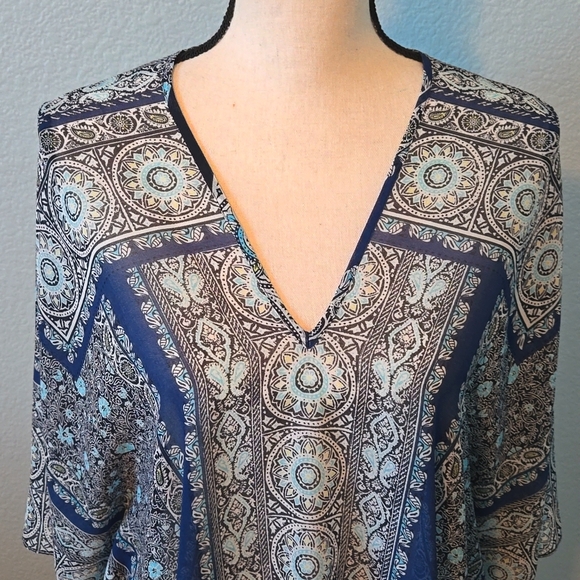 J JILL Women's Poncho Kimono Paisley Print Orange & Blue One Size - Picture 2 of 10